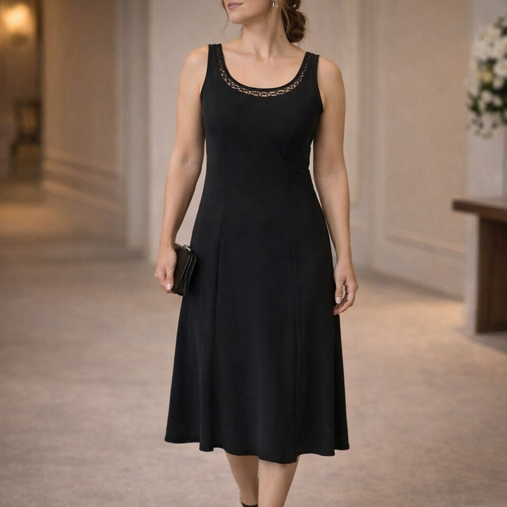 Vintage Evan-Picone Black Midi Dress – Beaded Scoop Neck | Quiet Luxury | Size 4